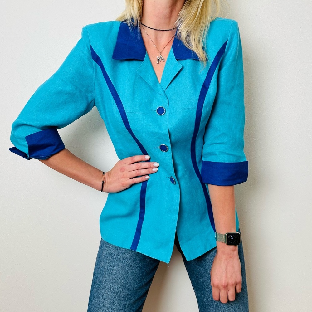 Vintage Hernandez 100% linen button down padded shoulders blazer blouse top